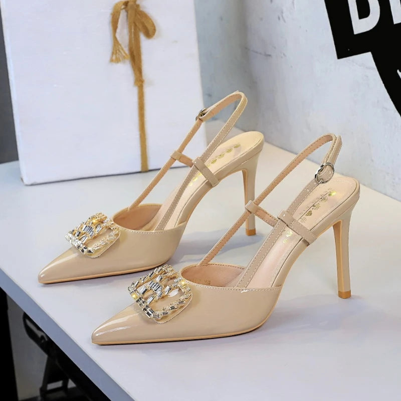 Rhinestone Buckle High Heel Sandals Thin Heel — Silver | KIMLUD