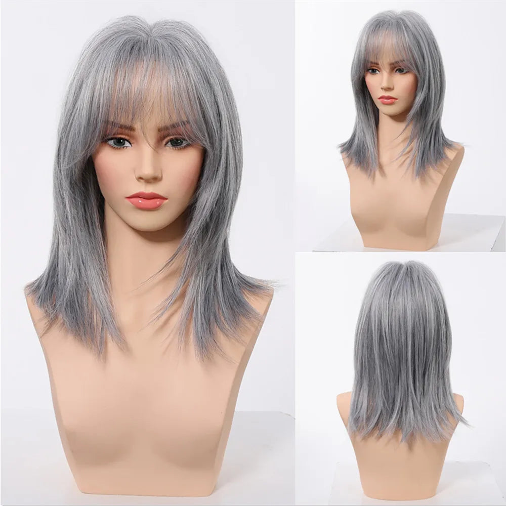 Wig – Medium-Length Layered Straight Bangs – Synthetic Hair – Grey | KIMLUD