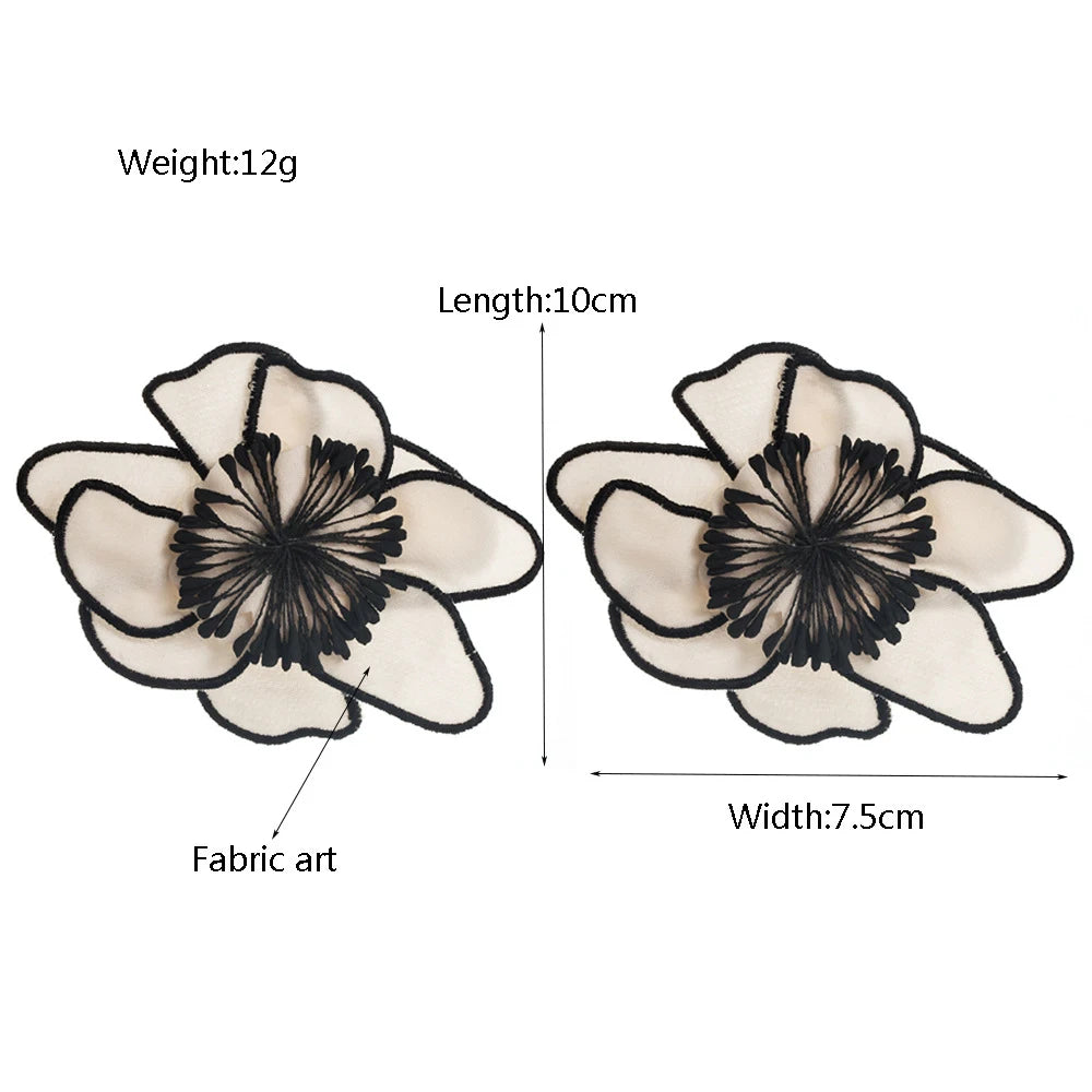Large Flower Earrings Embroidered — White | KIMLUD
