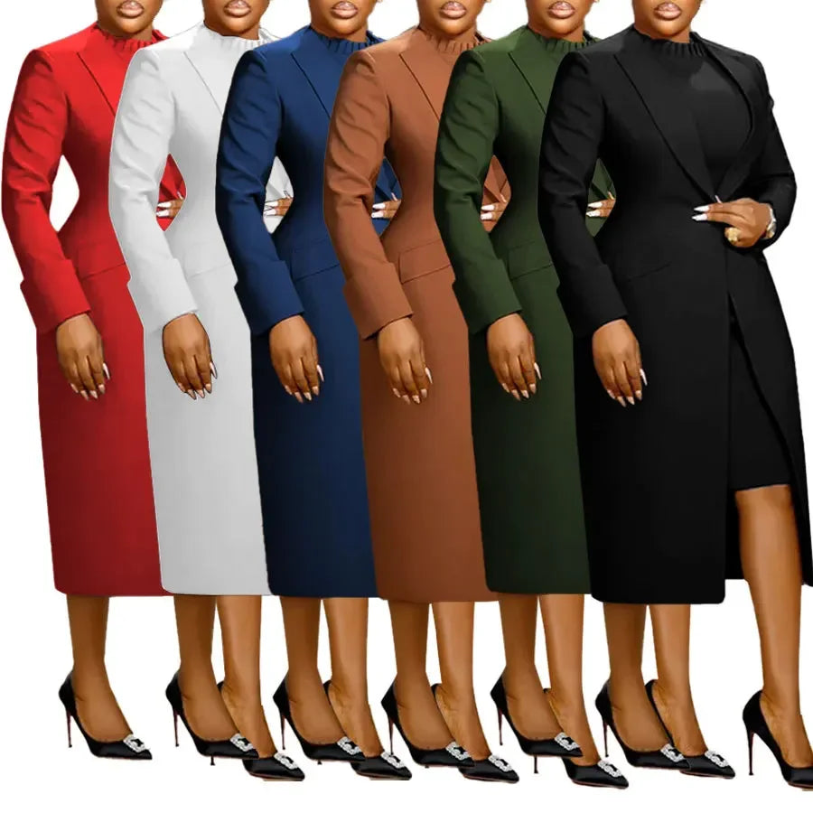 BWQ Women's Set Full Sleeve Long Blazer Coat+ Long Dress Suit 2026 Winter Streetwear Two 2 Piece Set Africa OL Work Outfits