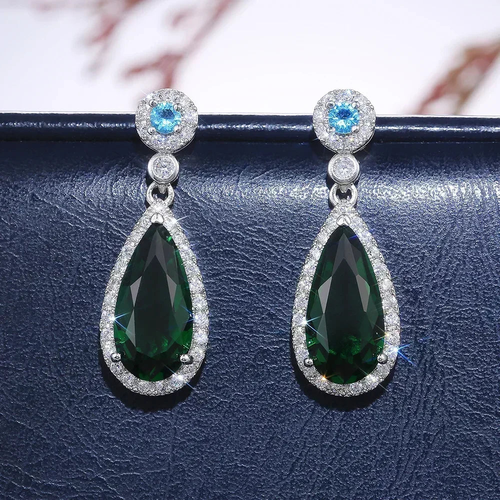 Cubic Zirconia Drop Earrings Water-Drop Inlaid — Emerald | KIMLUD