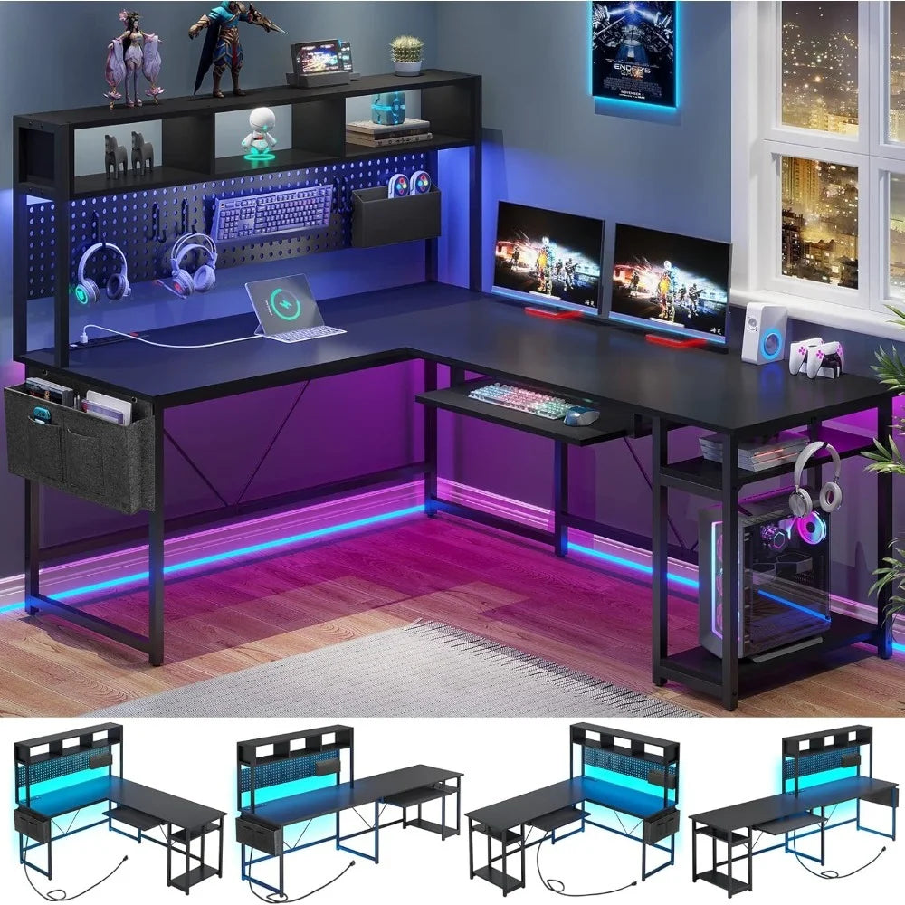 L Shaped Gaming Desk with Power Outlet LED Lights Keyboard Tray Pegboard Storage Bag Reversible Computer Desk for Home Office