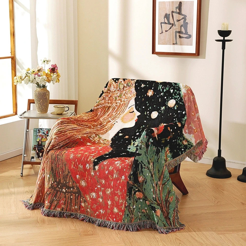 Ladies Sofa Blanket Oil Painting Woman Home Decoration Camping Blanket Bedspread Picnic Mat Aesthetic Wall Tapestry Bed Cover