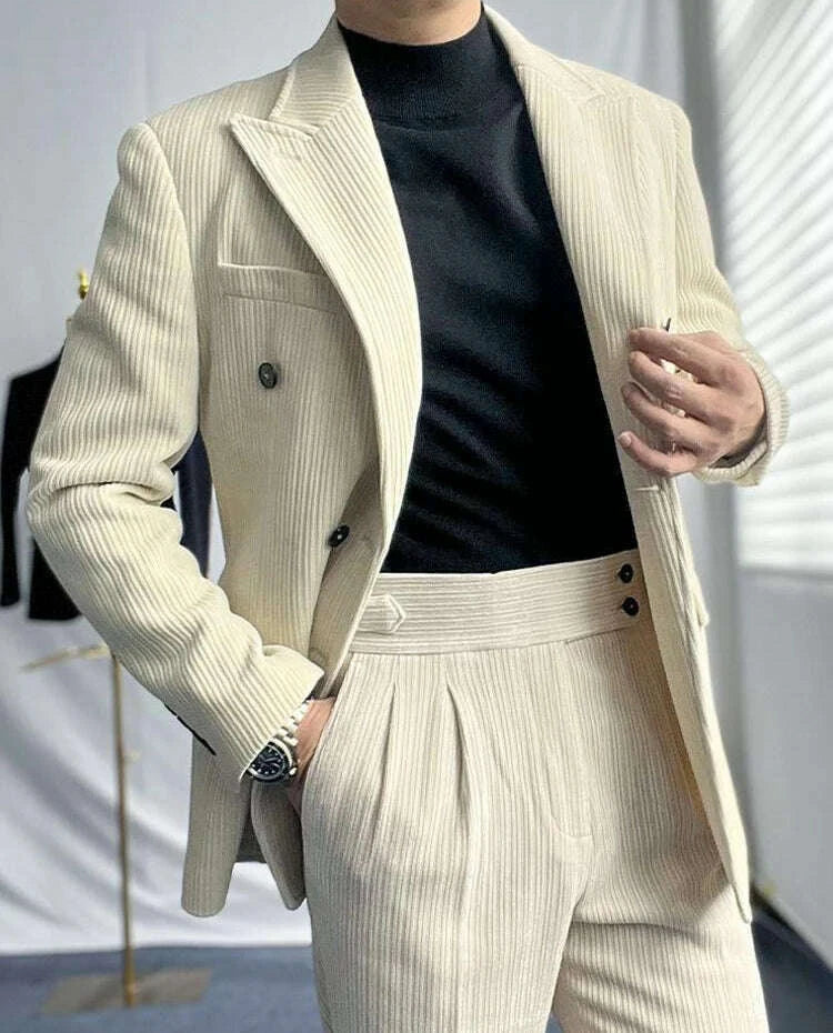 KIMLUD, British Style Men's Corduroy Casual Double Breasted Suit And Naples Pant Two-piece Set Fashion Vintage Business Suits Outfits, KIMLUD Womens Clothes
