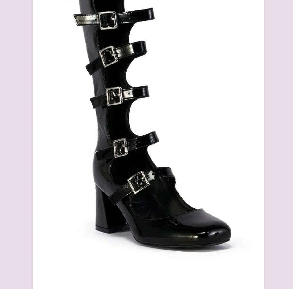 KIMLUD, Punk Buckle Straps Boots Round Toe Back Zipper Knee-high Boots Patent Leather Square Heels 2025 Women New Fashion Sandals Shoes, KIMLUD Womens Clothes