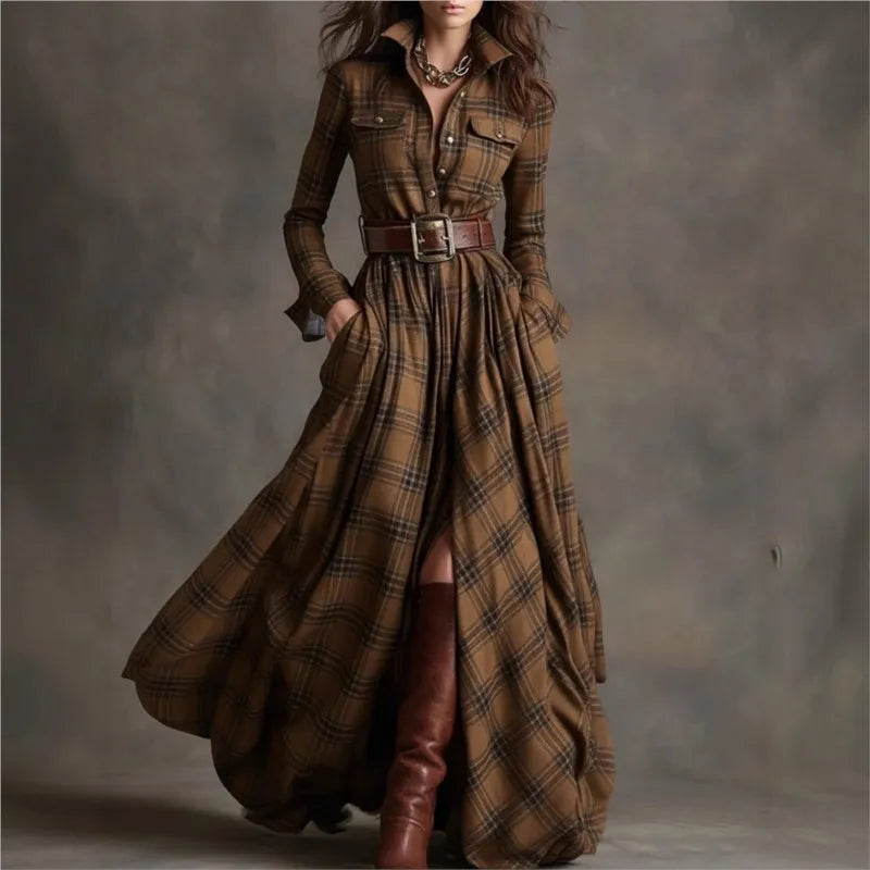 Long Sleeve Shirt Dress – Grid Printed – Jersey – Loose Fit | KIMLUD