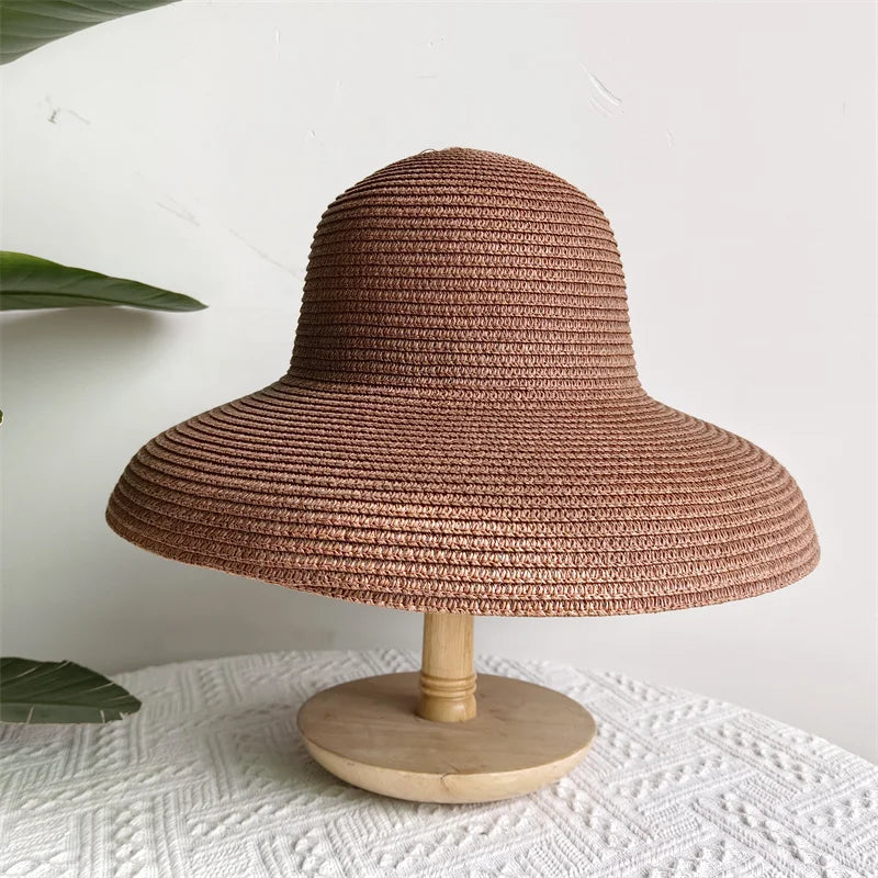 Straw Hepburn Sun Hat Wide Brim Foldable — Natural | KIMLUD