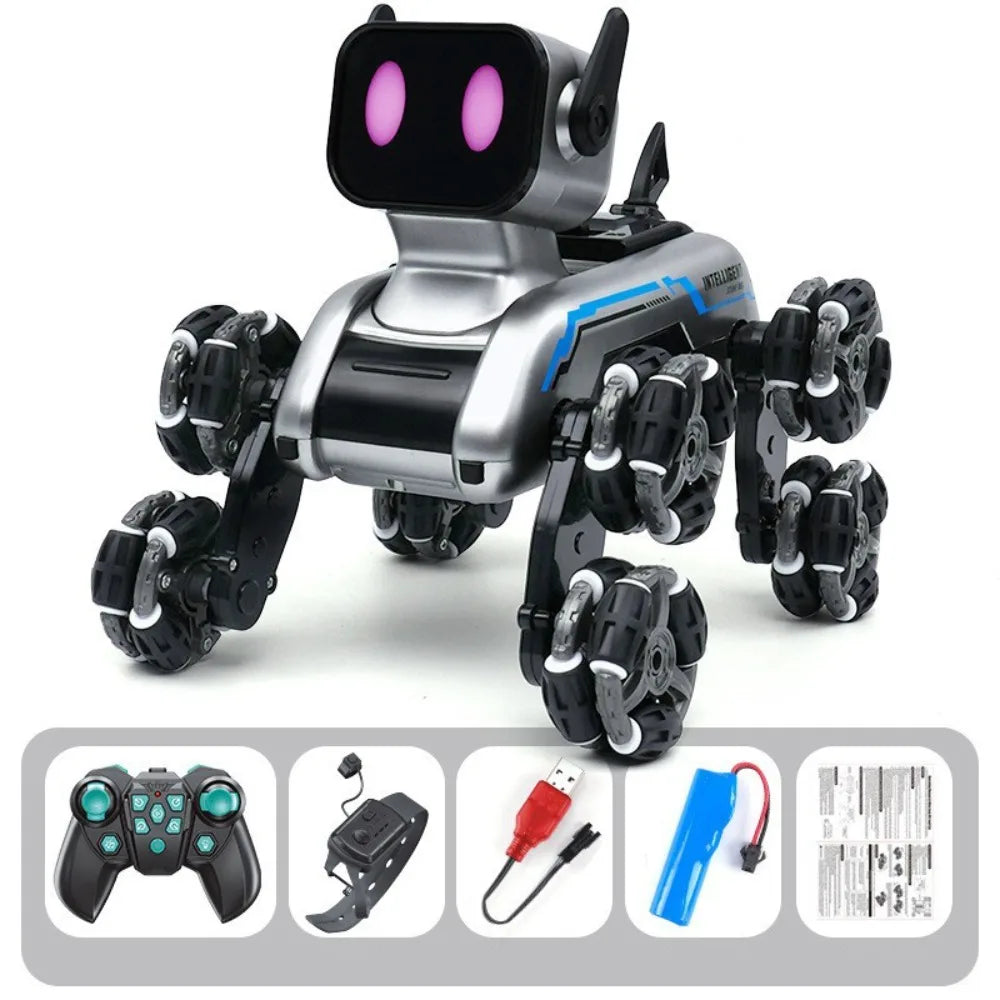Creative Plastic RC AI Robot Silver Eight Wheeled Stunt Drift Robot Dog Remote Control Toy Dog Children's Gift