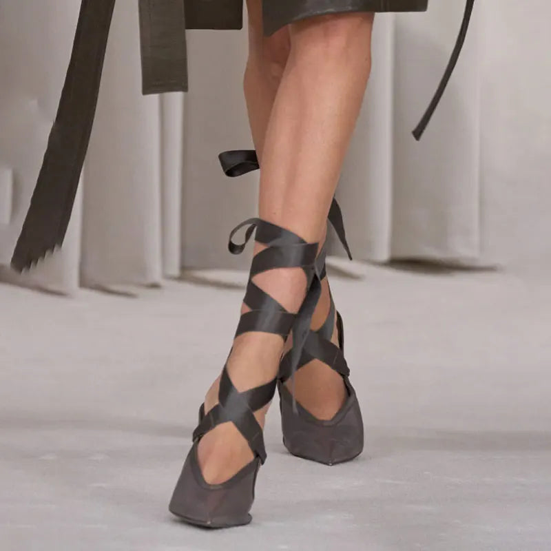Microfiber Stiletto Ballet Sandals With Delicate Ankle Ribbons For Evening Soirees — Smoky Taupe | KIMLUD