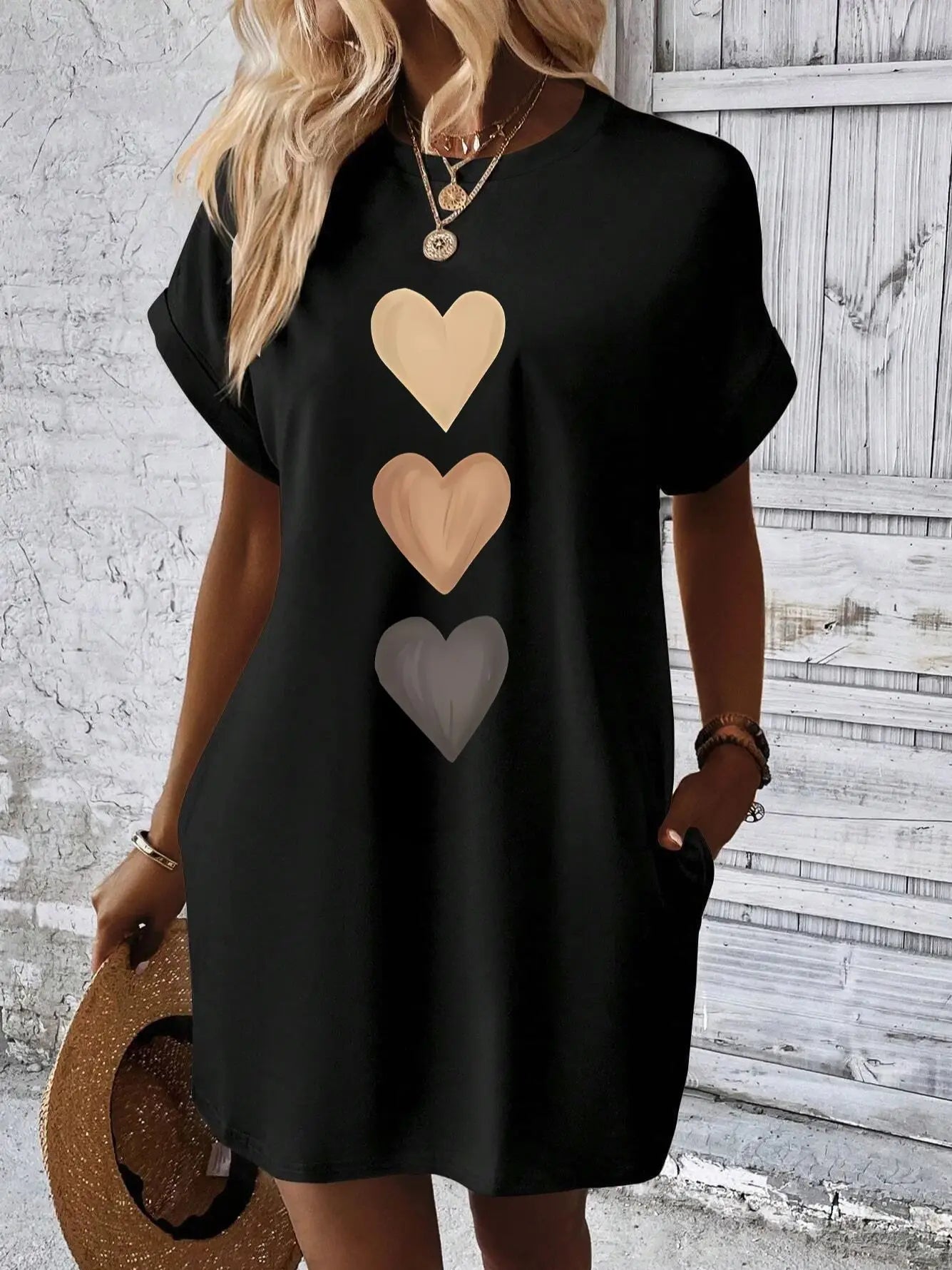 Knit Polyester Dress Three Heart Print Pockets — Black | KIMLUD