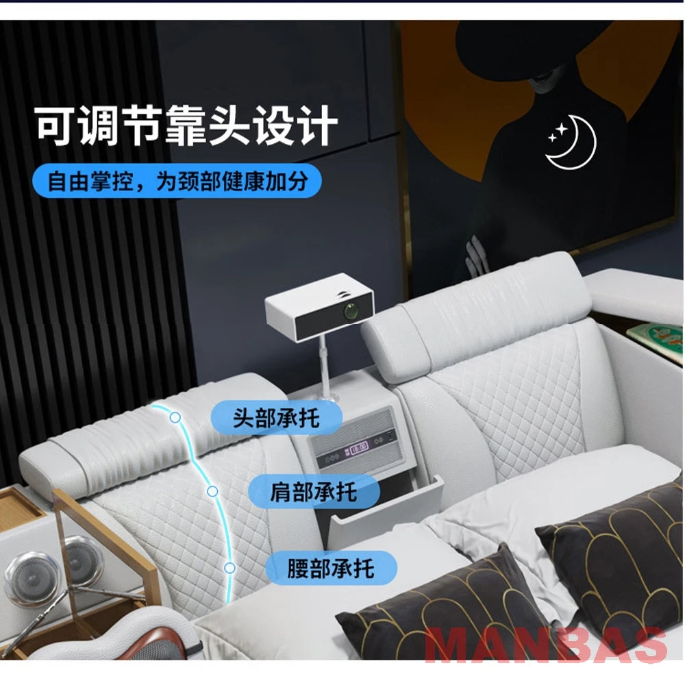 Genuine Leather Bed With Projector USB Speaker — White | KIMLUD