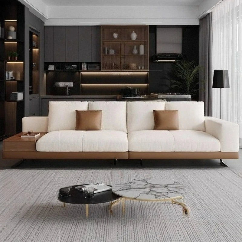 Linen-Cotton Minimalist Straight Sofa With Edge Table — Ivory | KIMLUD