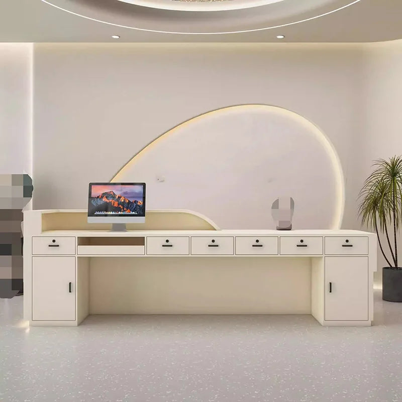 Wood-Based Panel Reception Desk Executive Curved Front With Integrated Shelving And Matte Finish — White | KIMLUD