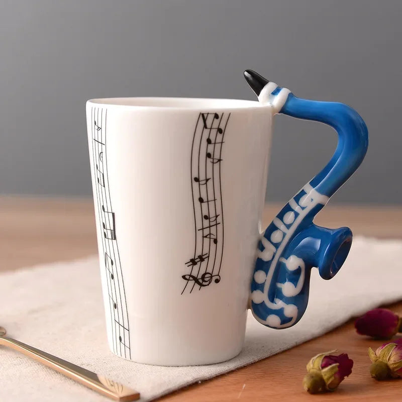 Bone China Mug With Music Note Motif And Delicate Guitar Handle — White | KIMLUD