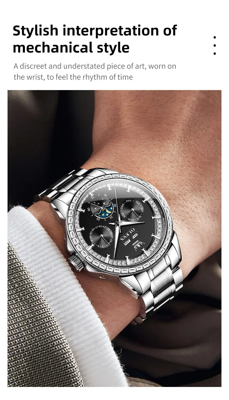 OLEVS 6695 NEW Men's Watches Full Multifunctional Dial Blue Leather Strap Calendar Week Moon Phase Waterproof Wristwatch