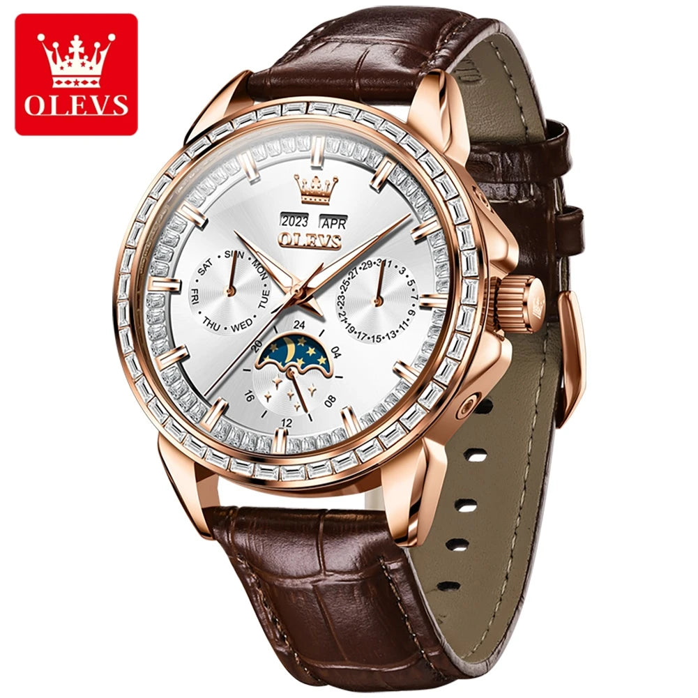 Leather Moon Phase Diamond Bezel Watch — Rose Gold | KIMLUD