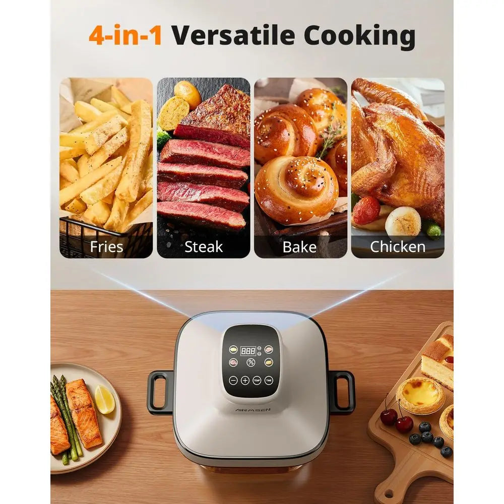 6.3 Qt Glass Air Fryer, 4 Settings & Manual, 105-400℉ Heat, 95% Less Oil, Auto-Pause, Safe for Dishwasher