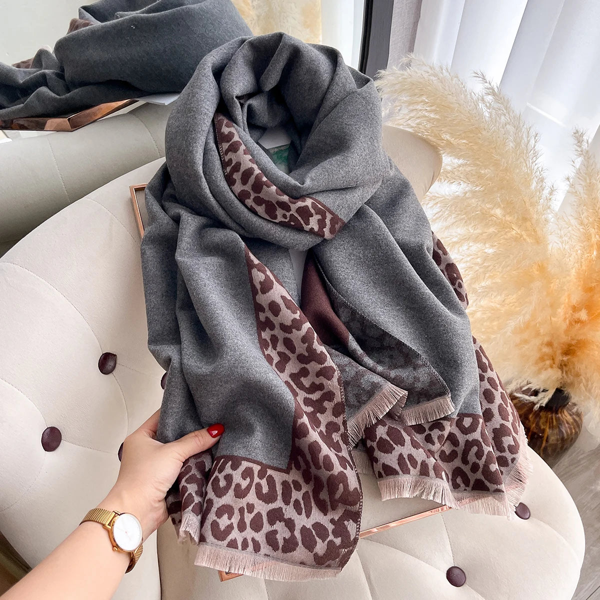 Cashmere Scarf Plaid Leopard Print Edge With Soft Knit For Winter Wrap — Blush Pink | KIMLUD