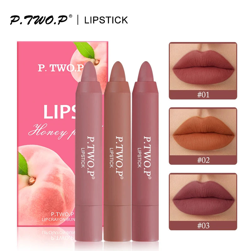 P.TWO.P 3 Pcs Lipstick Set Different Colors Sexy Long Lasting Waterproof Matte Lipstick Pencils Moisturizer Lips Makeup Kit Lip