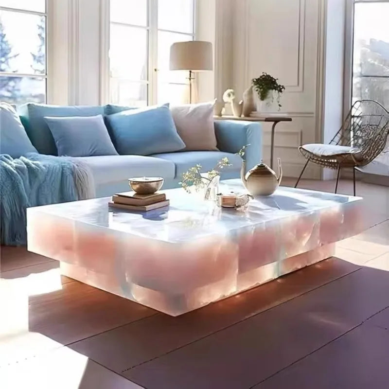 Square Ice Crack Onyx Luminous Coffee Table Tea Table for Bar Pub Restaurant 48'' 1200mm Back Lighted Translucent Furniture