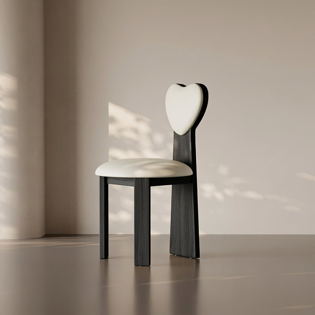 Modern chair with heart-shaped backrest on a neutral background, featuring MEA Chair brand.