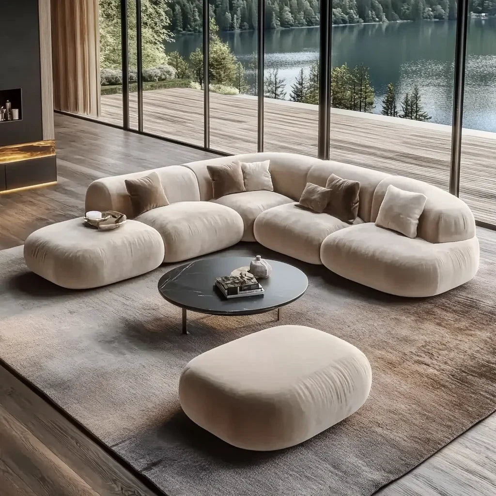 Velvet Modular Sectional Sofa With Chaise Convertible With Plush Cushions — Cream Beige | KIMLUD