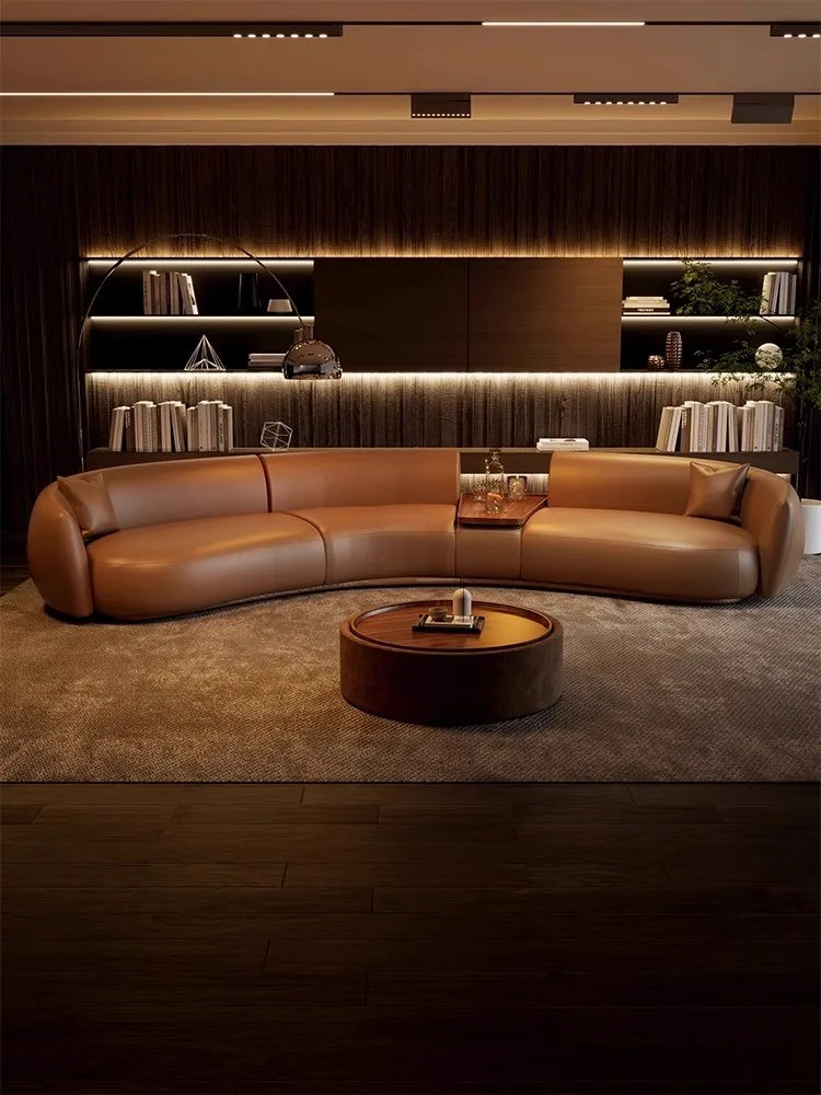 Italian curved leather sofa, premium luxury living room, beauty salon, office and reception area furniture