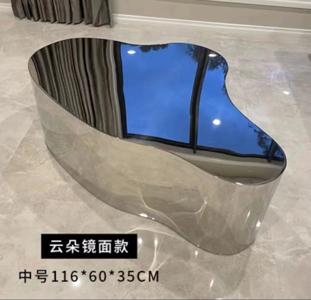 Industrial Metal Coffee Table Sculptural — Brushed Stainless Steel | KIMLUD
