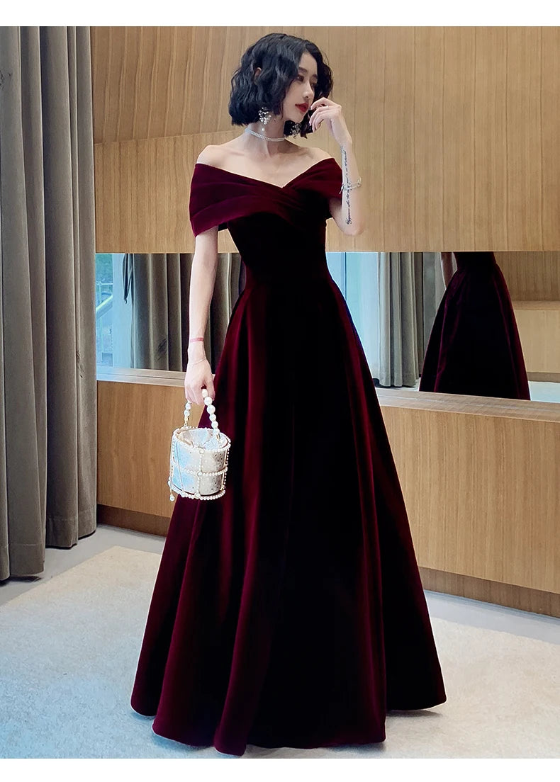 Velvet Maxi Dress – Off Shoulder – Maxi – Wine Red | KIMLUD