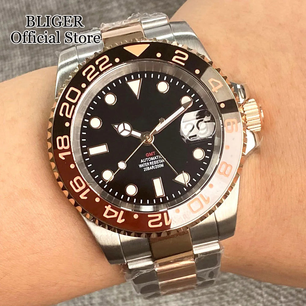 20ATM Waterproof 40mm Rose Gold NH34 GMT Automatic Watch For Men Steel Strap Ceramics Bezel Sapphire Glass Luminous