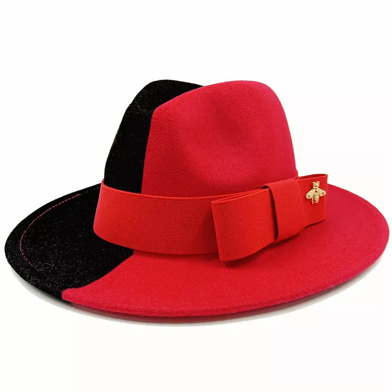 Wholesale Fedora hats Winter round concave convex surface flat top bow elastic ribbon men&#39;s and women&#39;s felt jazz hats Fedora - KIMLUD