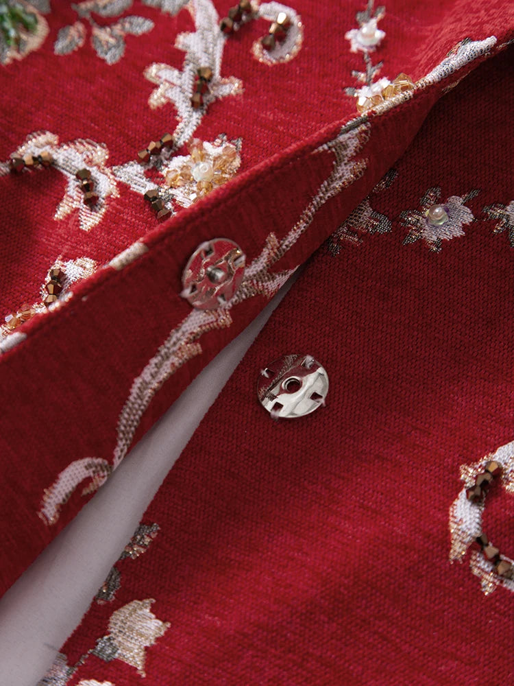 Embroidered Beaded Coat – Floral Longline – Red | KIMLUD