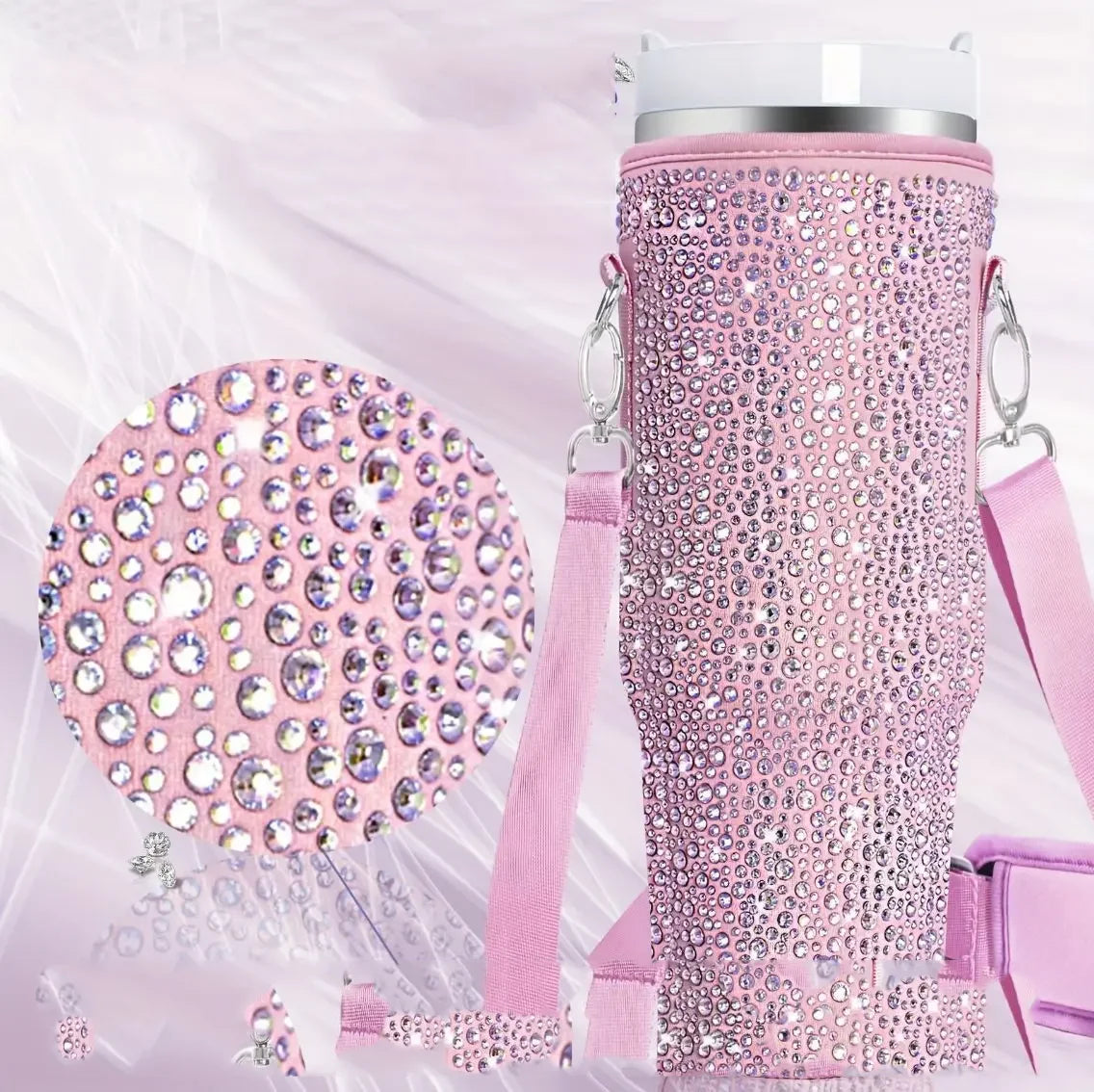 40oz Durable bling shiny rhinestone Water Bottle Bag protecting case For Stanley  Cup Sleeve with Strap Outdoor Pouch
