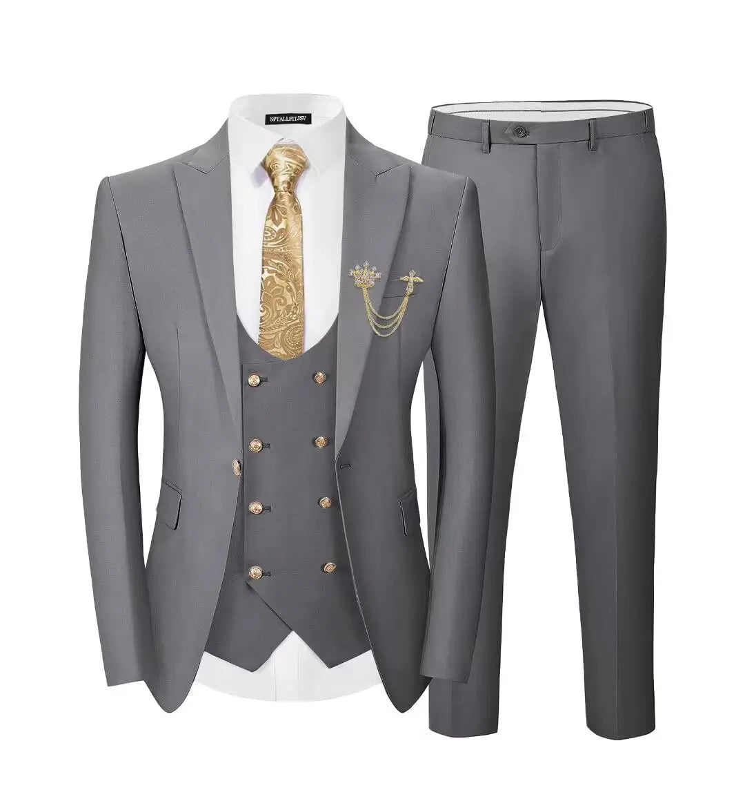 Men's 3-Piece Suit Set Classic One Gold Button Slim Fit Blazer Vest Pants Formal Business Wedding Wear