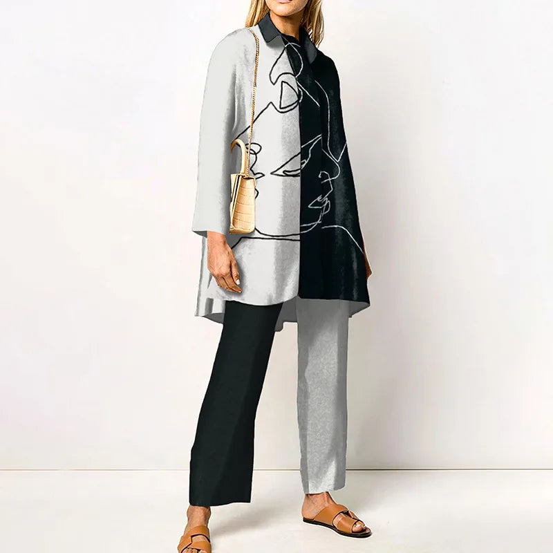Two-Piece Set – Printed Autumn Vintage – Broadcloth – Wide-Leg Pants | KIMLUD
