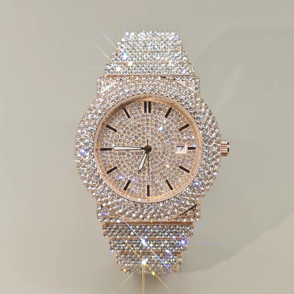 Hot New Luxury Watches For Men Full Diamond Iced Hip Hop Stylish Quartz Watch For Male Waterproof Calendar Men's Wristwatches