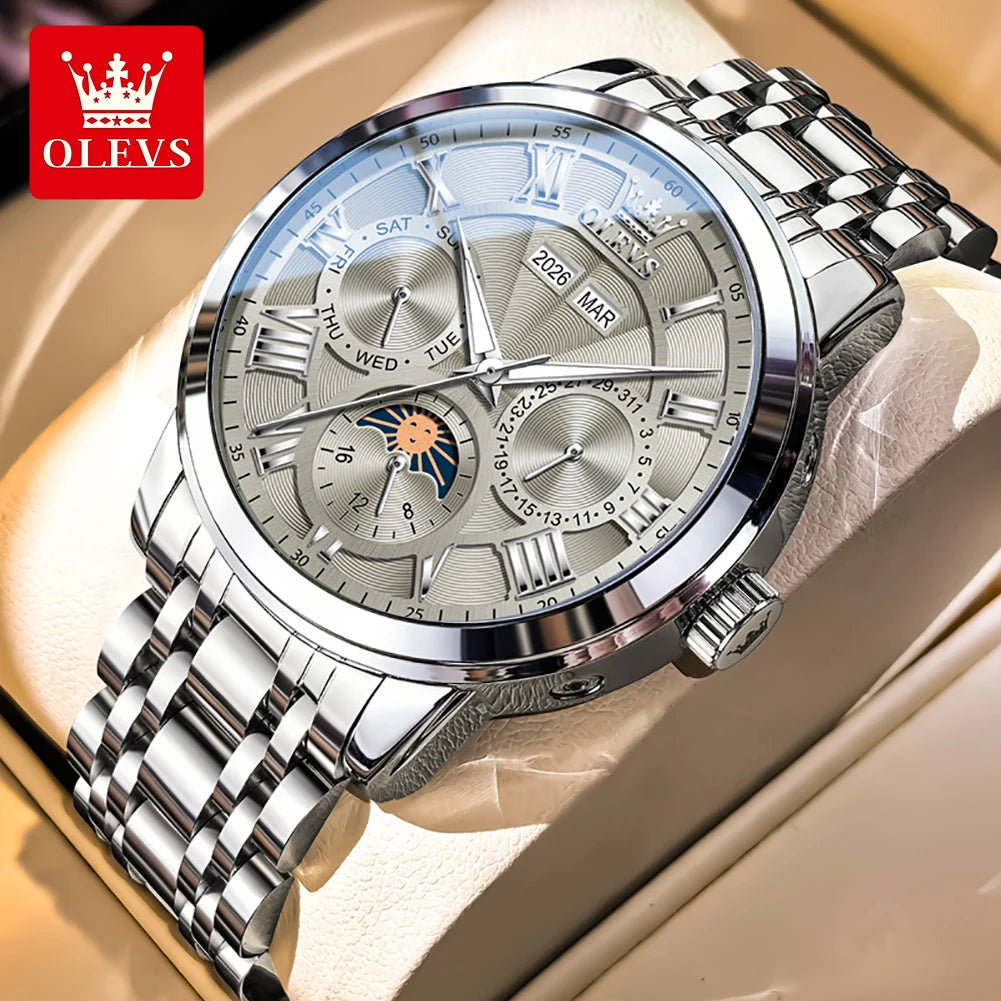 Stainless Steel Mens Watch Moon Phase Automatic — Silver | KIMLUD