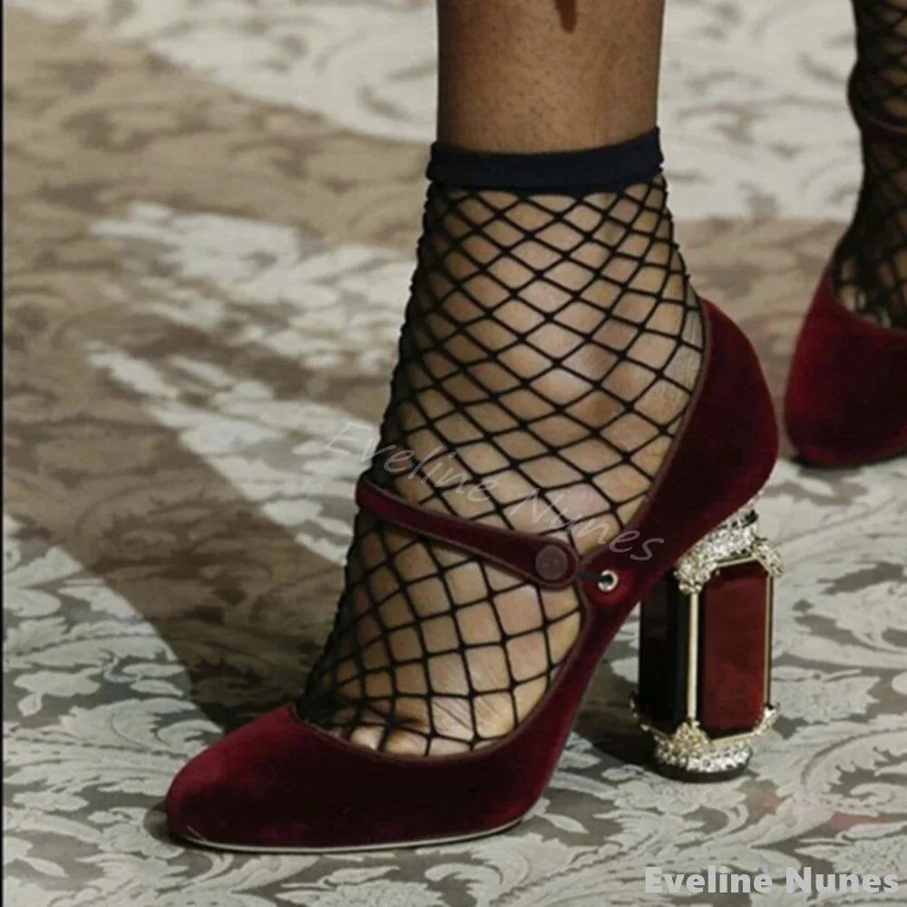 Sculpted Velvet T-Strap Crystal Heels — Emerald | KIMLUD