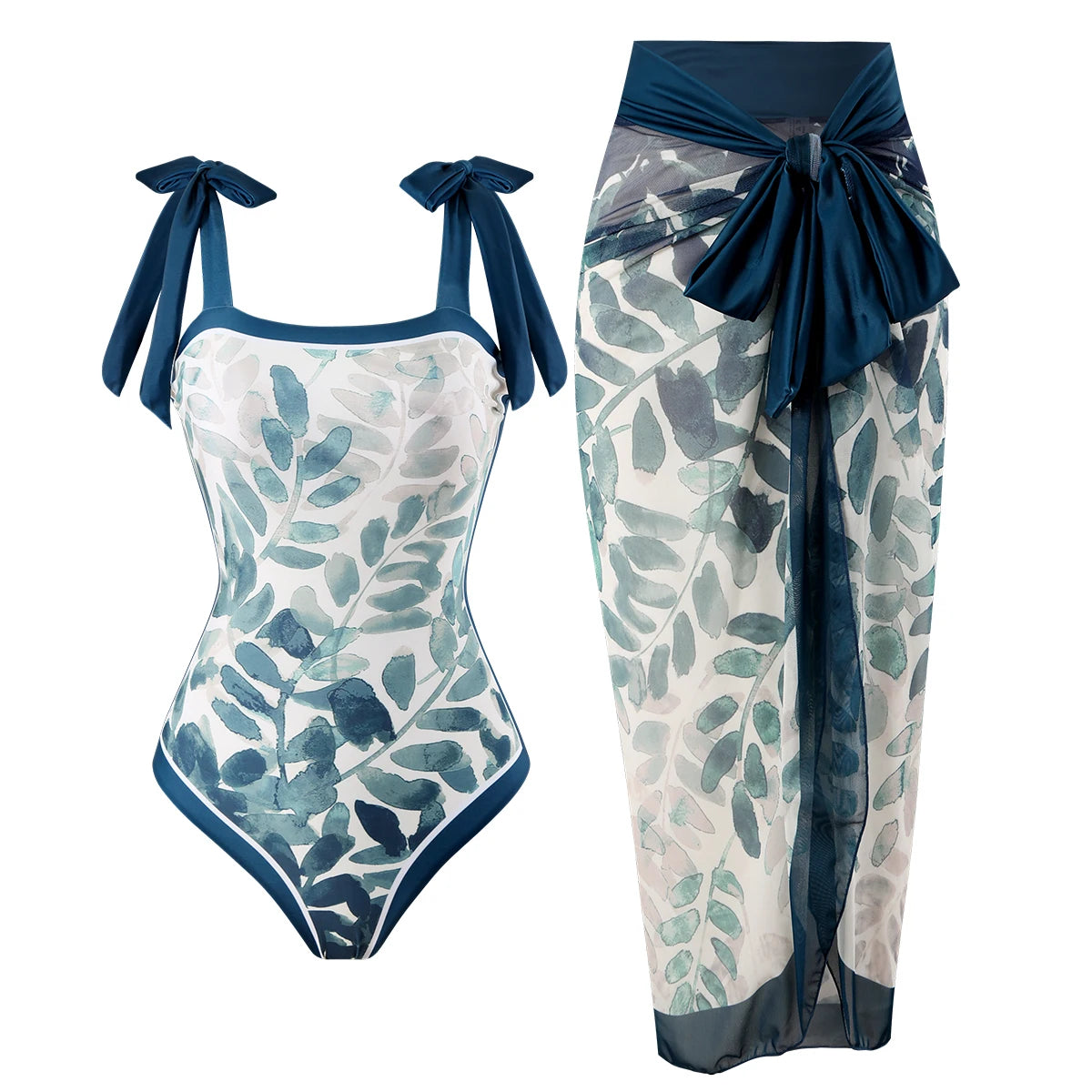 Printed One-Piece Swimsuit With Gauze Skirt — Multicolor | KIMLUD