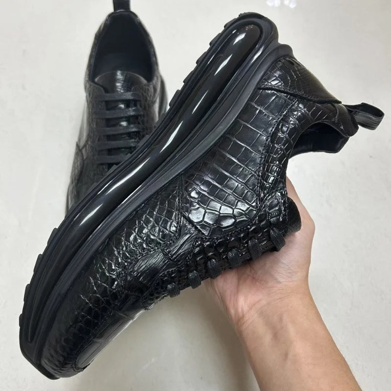 Authentic Exotic Crocodile Skin Men's Black Sneakers Genuine Real Alligator Leather Cushioned Sole Male Lace-up Walking Shoes