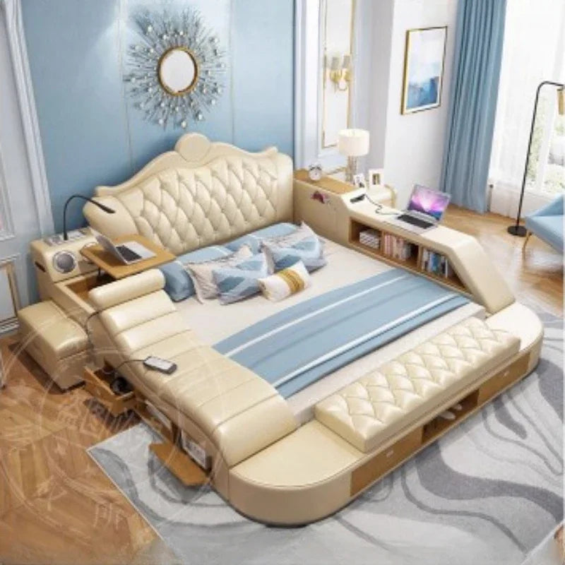 Solid Wood Headboard Storage Bed With Drawers — Ivory White | KIMLUD
