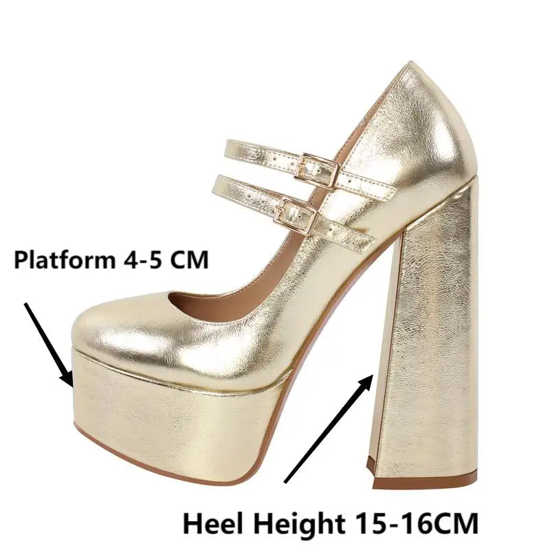 Mary-Jane Platform Pumps – Hoof Heel – Platform – Gold | KIMLUD