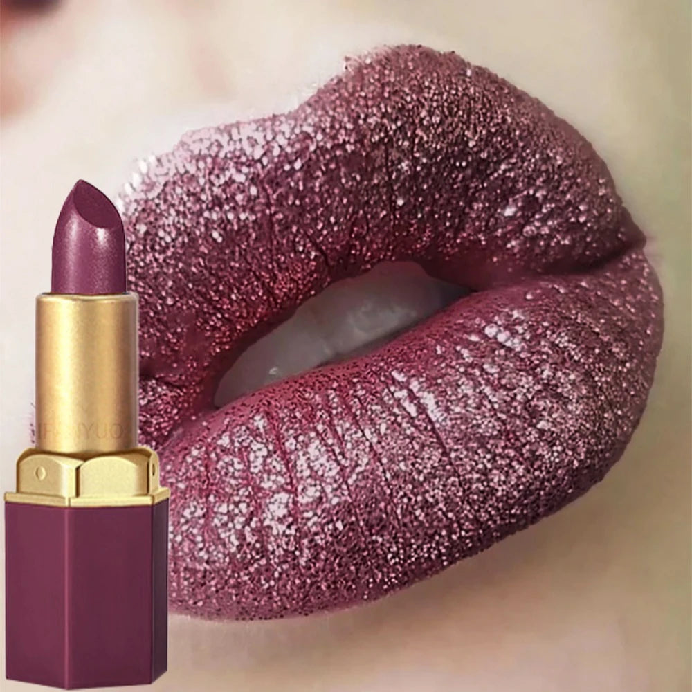 6 Colors Gold Bar Tube Lipstick Diamond Pearlescent Glitter Gold Pink Lips Stick Long-Lasting Non-Sticky High-Shine Makeup