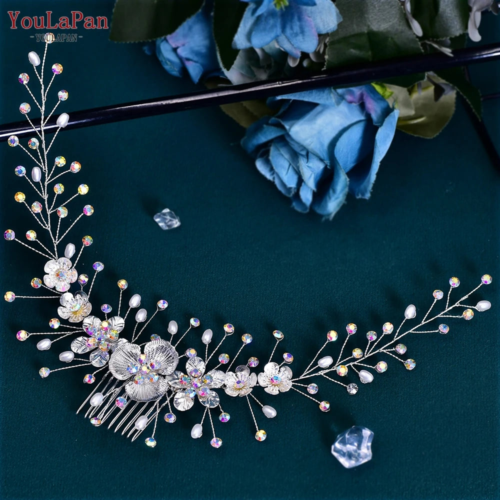 AB Rhinestone Bridal Hair Comb Wedding Accessory — Silver | KIMLUD