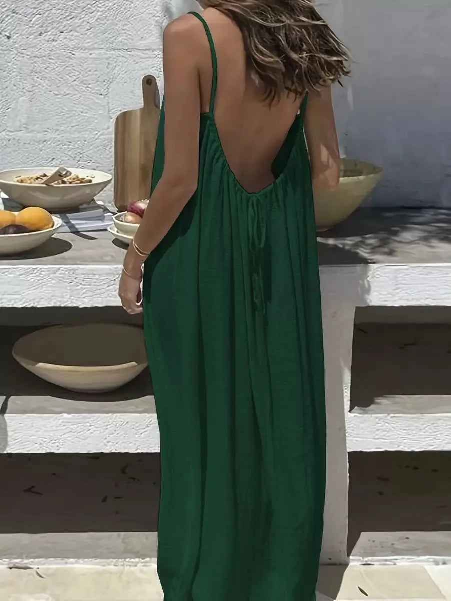 Polyester Slip Dress Backless Loose — Stone Beige | KIMLUD