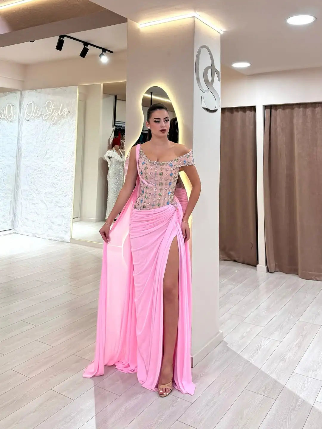One-Shoulder Beaded Evening Dress – Draped Chiffon – Pink | KIMLUD