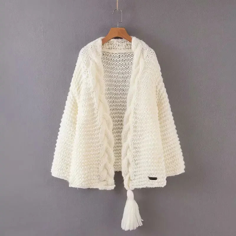 Crocheted Cardigan – Hand-Woven Tassels – Polyester Knit | KIMLUD