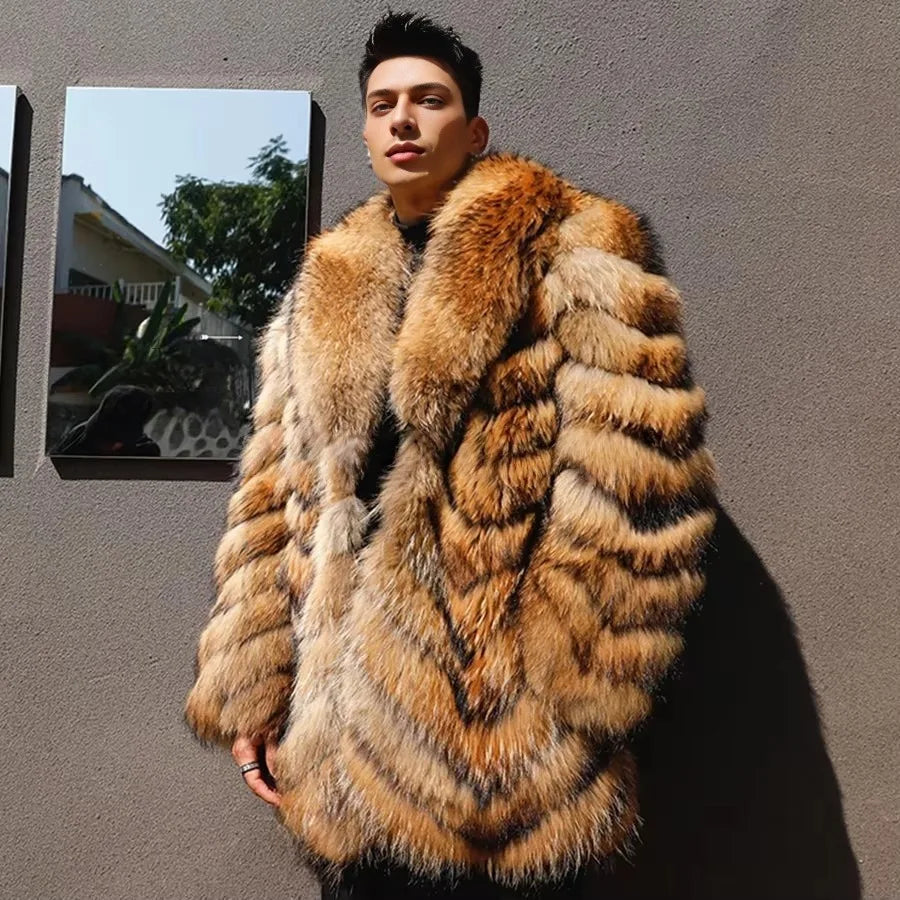 Man wearing a fur coat standing against a gray wall with a small mirror reflecting a garden.