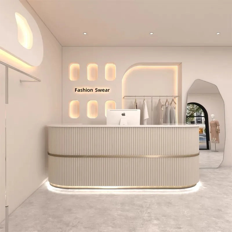 Curved Wood Reception Desk Modern Office — Walnut | KIMLUD