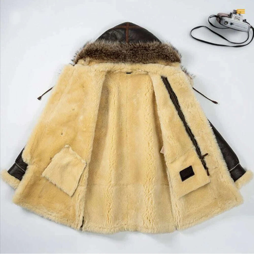 KIMLUD, Denny&Dora Men's Shearling Jacket Hood Thick Warm Winter Sheepskin Coat Dark Brown Leather Jacket, KIMLUD Womens Clothes